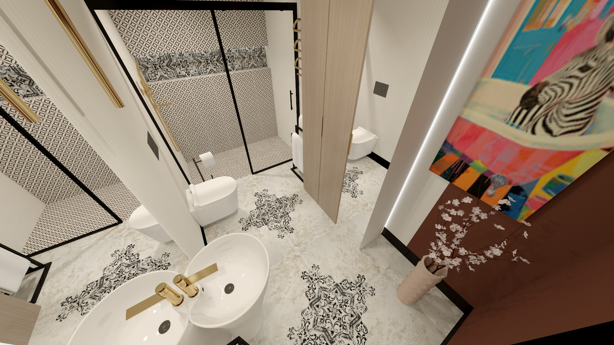 Wnętrze łazienki w stylu glamour z wzorzystą podłogą, białymi sanitariatami i kabiną prysznicową z czarnymi ramami. Uwagę przykuwa abstrakcyjny obraz zebry i złote detale.
