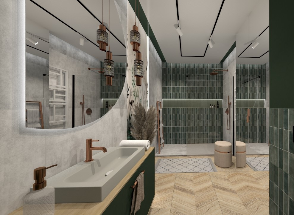 Wizualizacja łazienki w stylu nowoczesnym z zielonymi akcentami, okrągłym lustrem z podświetleniem LED i drewnianą podłogą w jodełkę.