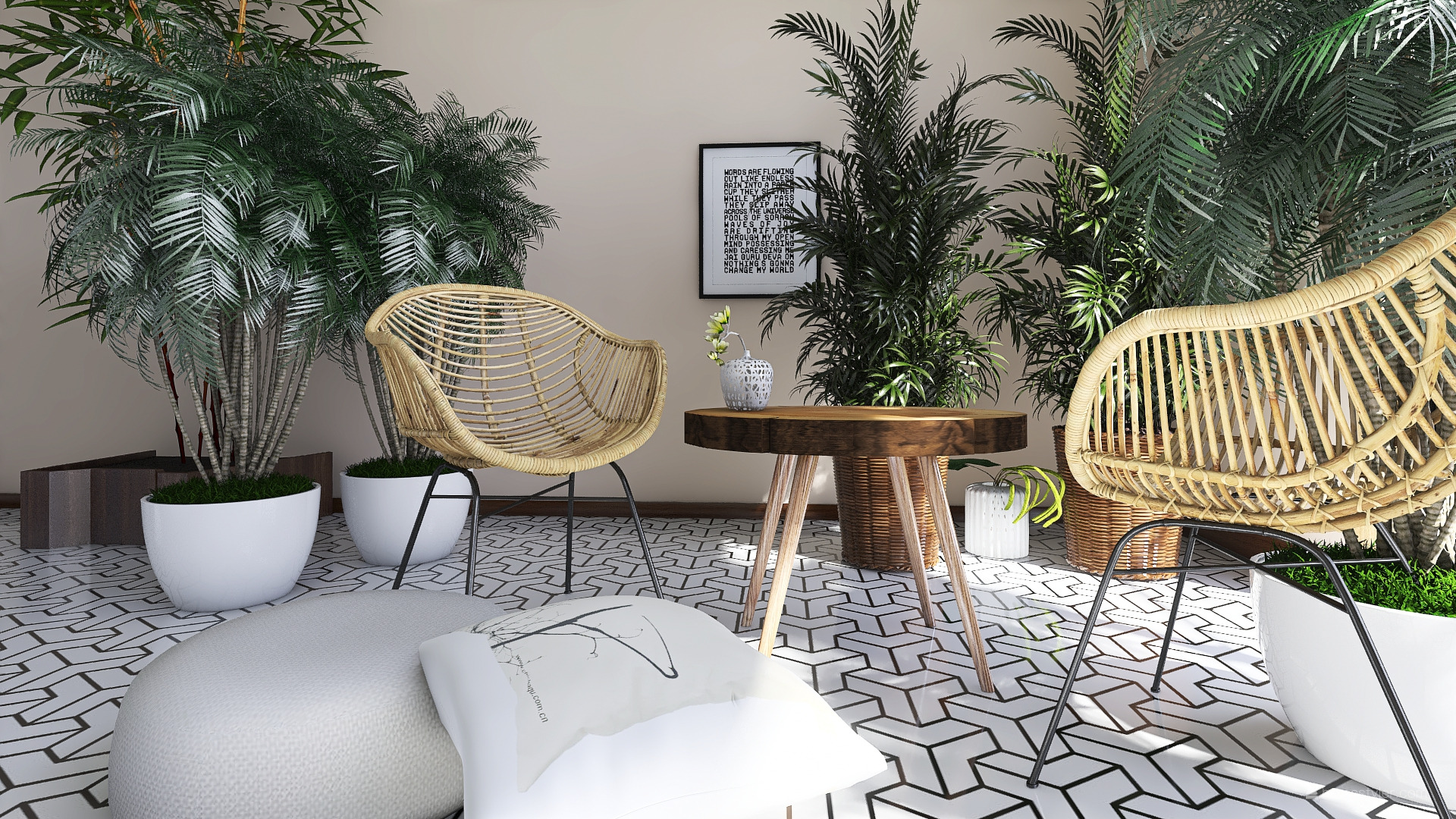 Stylowa aranżacja wnętrza z rattanowymi krzesłami, okrągłym stolikiem i egzotycznymi roślinami w białych donicach na podłodze w geometryczne wzory. Minimalistyczny plakat na ścianie.
