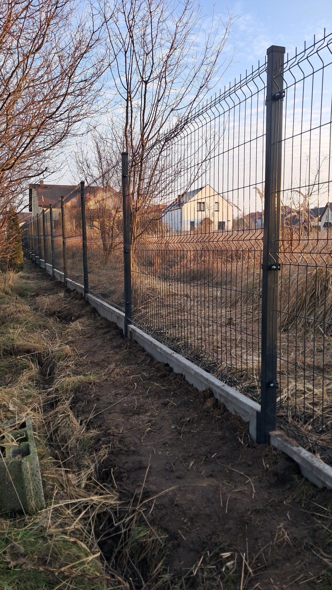Długie, czarne ogrodzenie z paneli siatkowych na betonowej podmurówce, widoczne z perspektywy ziemi, z drzewami bez liści i domami w tle, wczesna wiosna, ziemia jeszcze bez trawy.