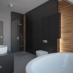 Mazak Studio - Nowoczesna łazienka w szarościach i drewnie: okrągła wanna, umywalka nablatowa, kabina prysznicowa typu walk-in, drewniana boazeria na skośnej ścianie poddasza.