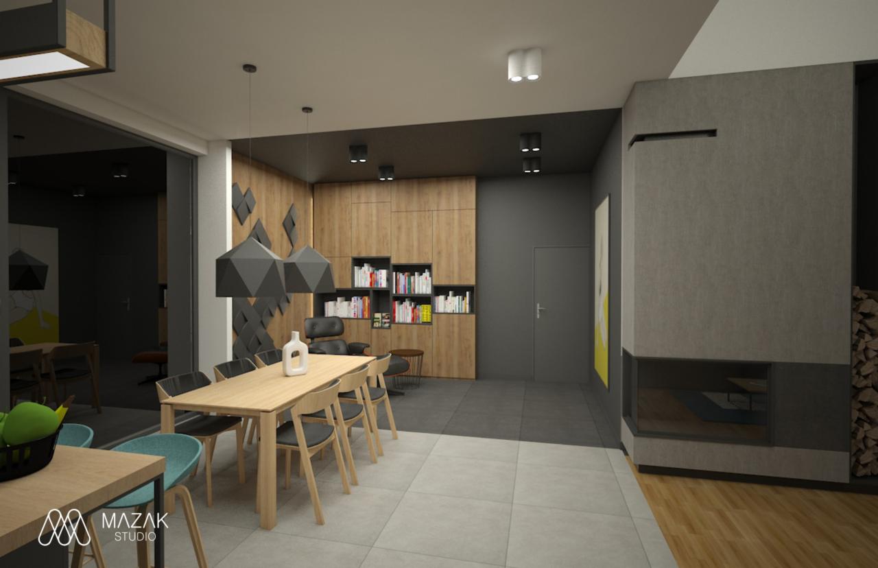 Wizualizacja przestronnego salonu z jadalnią, drewniany stół z krzesłami pod geometrycznymi lampami, regał z książkami i szary kominek z drewnem, widoczna część kuchni w tle.