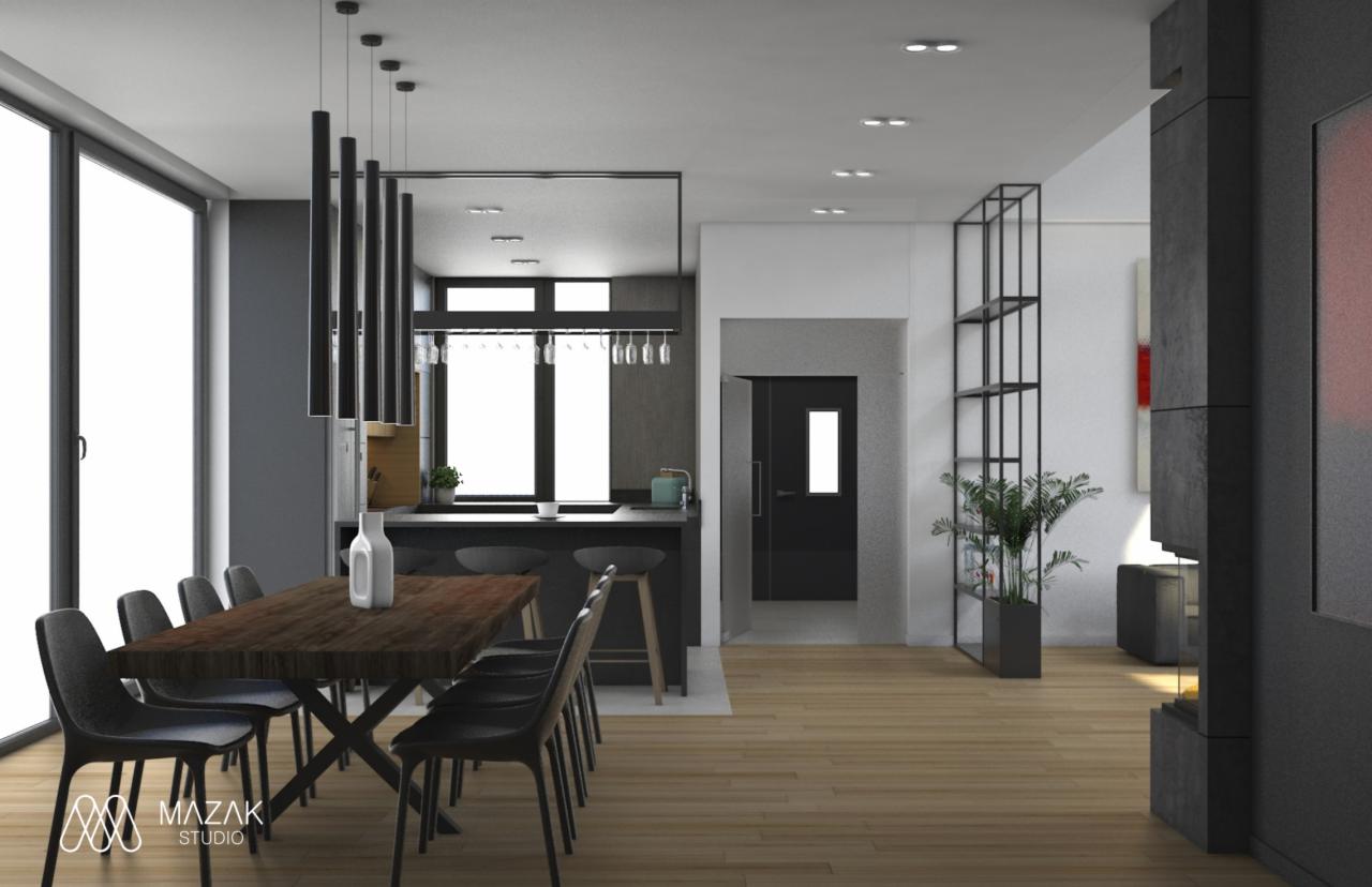 Wizualizacja nowoczesnego wnętrza z drewnianym stołem i czarnymi krzesłami, widok na aneks kuchenny z barkiem i oświetleniem wiszącym, na stole dekoracyjna butelka.