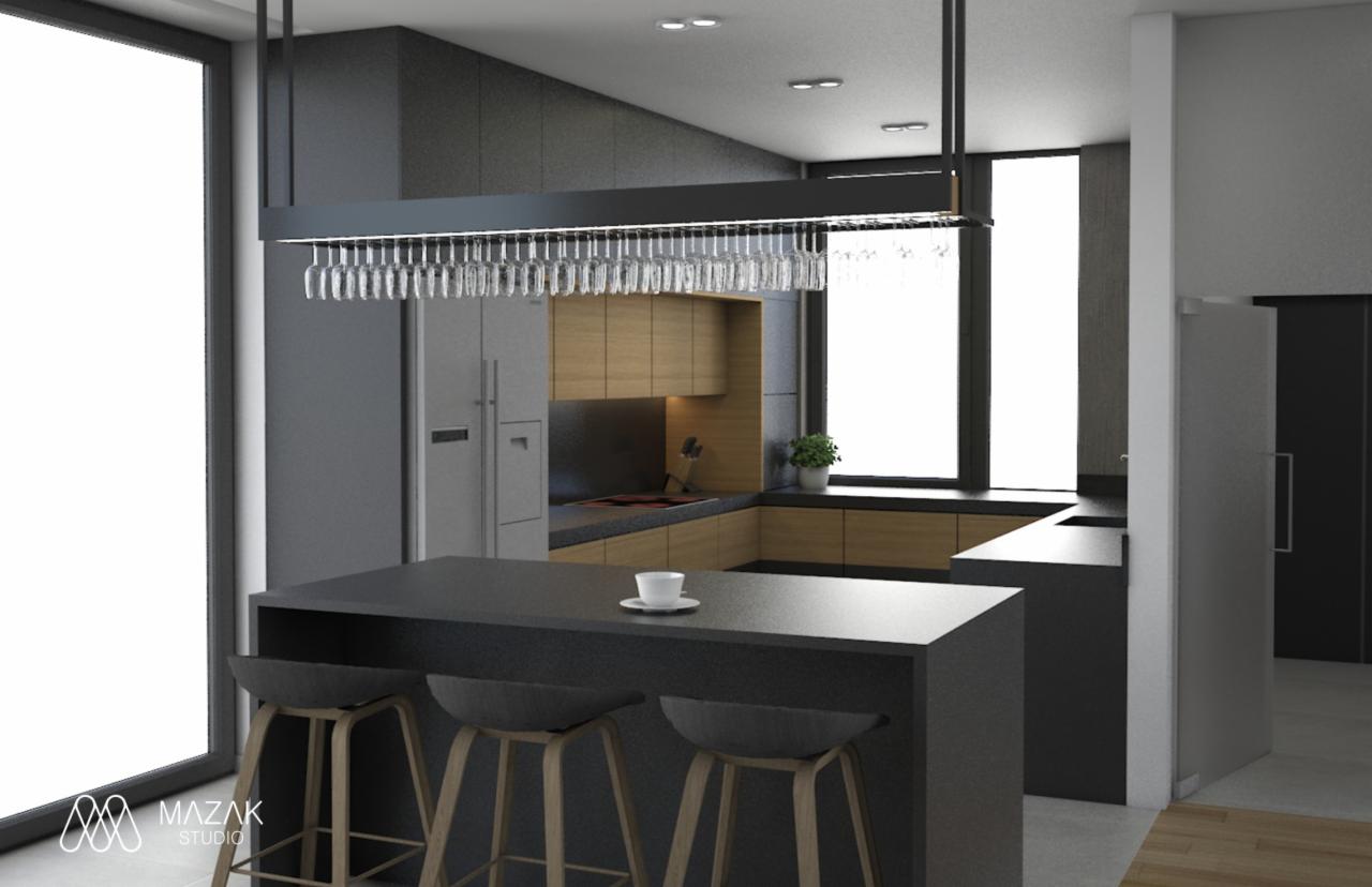 Nowoczesna kuchnia z wyspą, szarymi szafkami i drewnianymi akcentami, oświetlenie nad wyspą z zawieszonymi kieliszkami, minimalistyczne krzesła barowe, filiżanka na blacie.