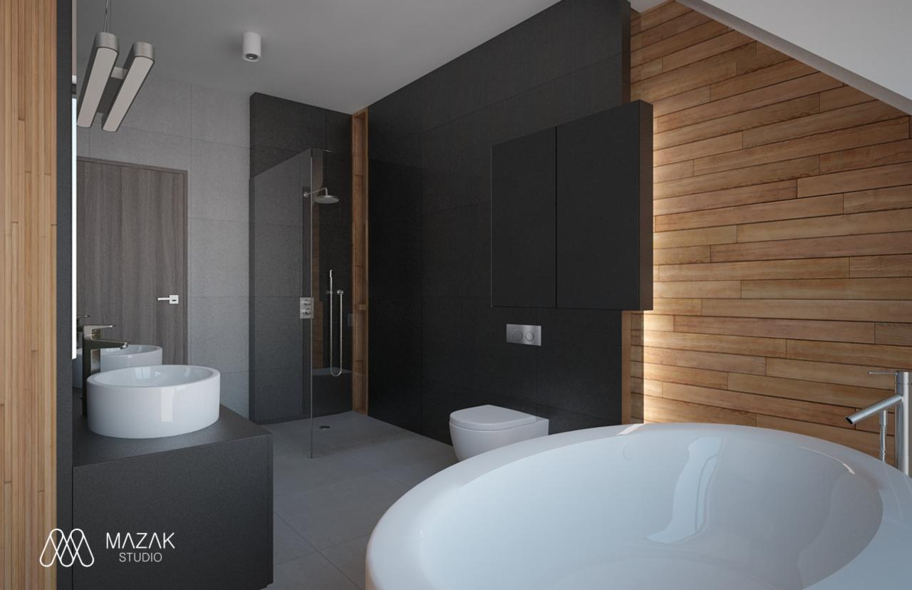 Nowoczesna łazienka w szarościach i drewnie: okrągła wanna, umywalka nablatowa, kabina prysznicowa typu walk-in, drewniana boazeria na skośnej ścianie poddasza.