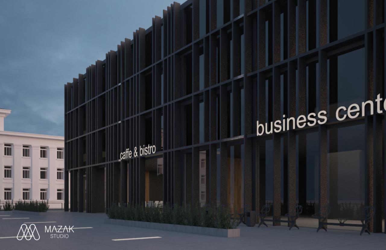 Fasada nowoczesnego budynku biurowo-usługowego z elementami dekoracyjnymi w postaci pionowych, czarnych listew, z widocznymi napisami 'caffe & bistro' i 'business center'.