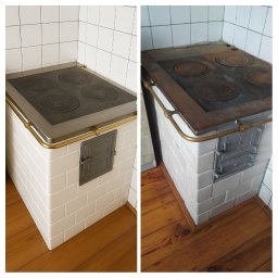 EMIL - Zdjęcie przedstawia porównanie pieca kaflowego przed i po renowacji. Po lewej odnowiony piec z jasnymi kaflami, po prawej piec przed renowacją z zabrudzonymi kaflami.