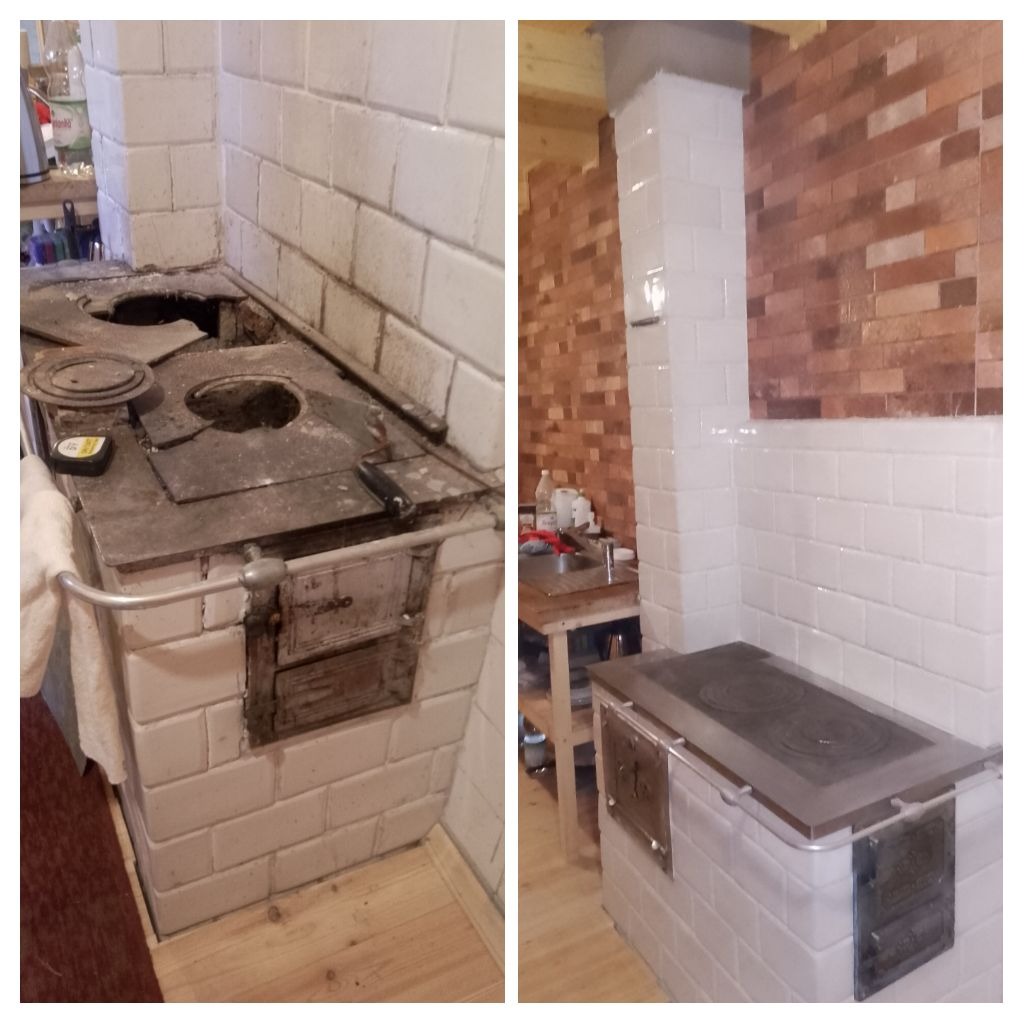 Porównanie stanu starego, zabrudzonego pieca kaflowego z nowym piecem po renowacji, z białymi kaflami i metalowym blatem.