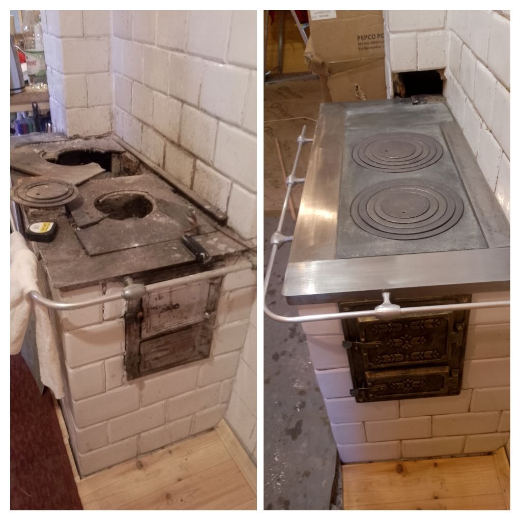 Dwa ujęcia pieca kaflowego: po lewej w trakcie demontażu z odsłoniętym wnętrzem i narzędziami, po prawej odnowiony z błyszczącą metalową płytą i ozdobnymi drzwiczkami.
