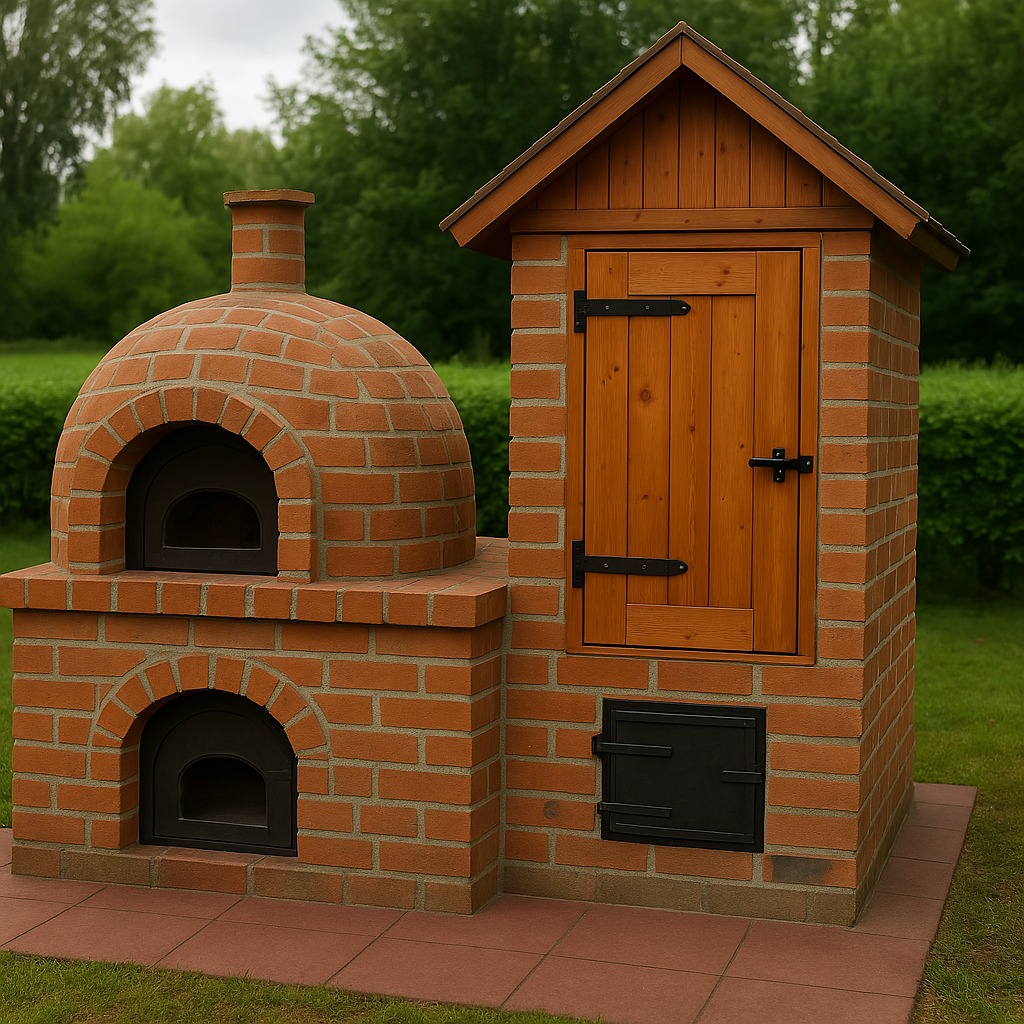 Murowany piec chlebowy z wędzarnią, z cegły klinkierowej, z drewnianymi drzwiczkami, na tle zieleni ogrodu. Widok z przodu, na trawniku, z kominem.