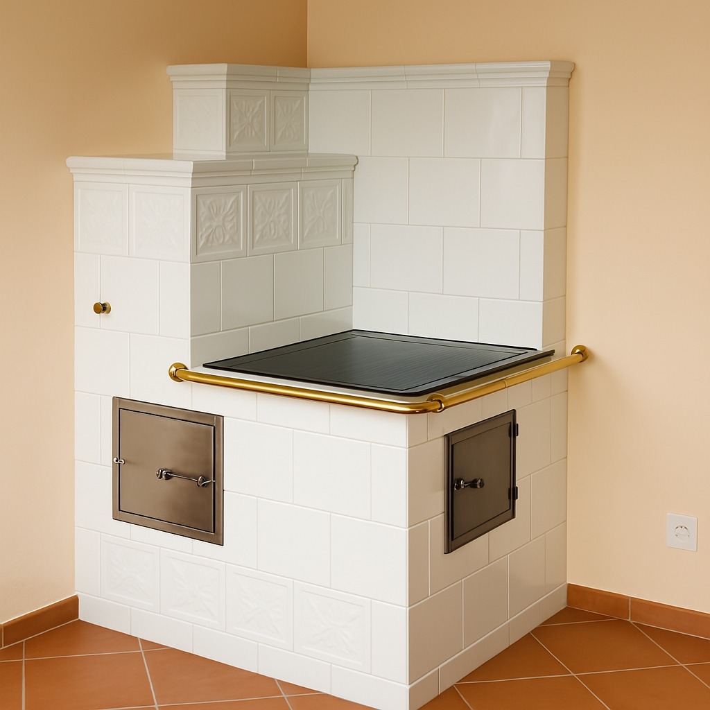 Biały, kaflowy piec kuchenny z czarną płytą grzewczą i mosiężną poręczą. Wykończenie z dekoracyjnych płytek z motywem roślinnym, brązowe drzwiczki, terakota na podłodze.