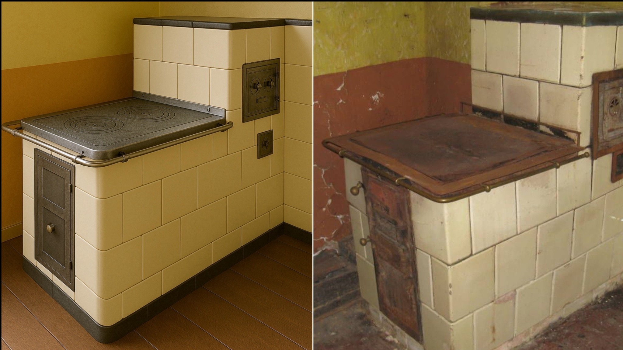 Zestawienie: odnowiony piec kaflowy z płytą grzewczą i drzwiczkami na drewno, w kontraście do starego, zniszczonego pieca. Nowy piec z jasnymi kaflami i metalowymi detalami.
