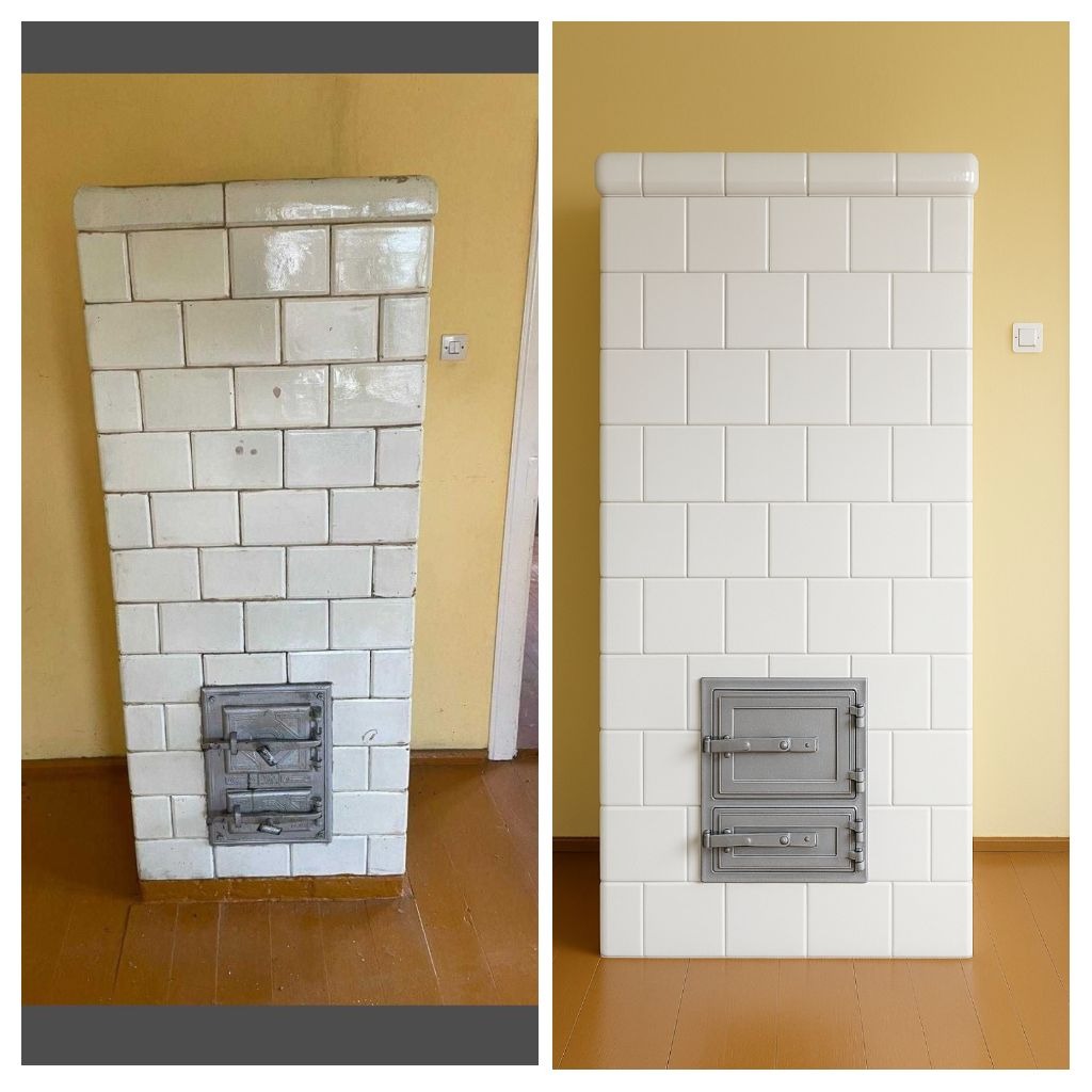 Zdjęcie 'przed i po' prezentujące odnowiony piec kaflowy z białych płytek, z metalowymi drzwiczkami, na tle żółtej ściany i drewnianej podłogi.