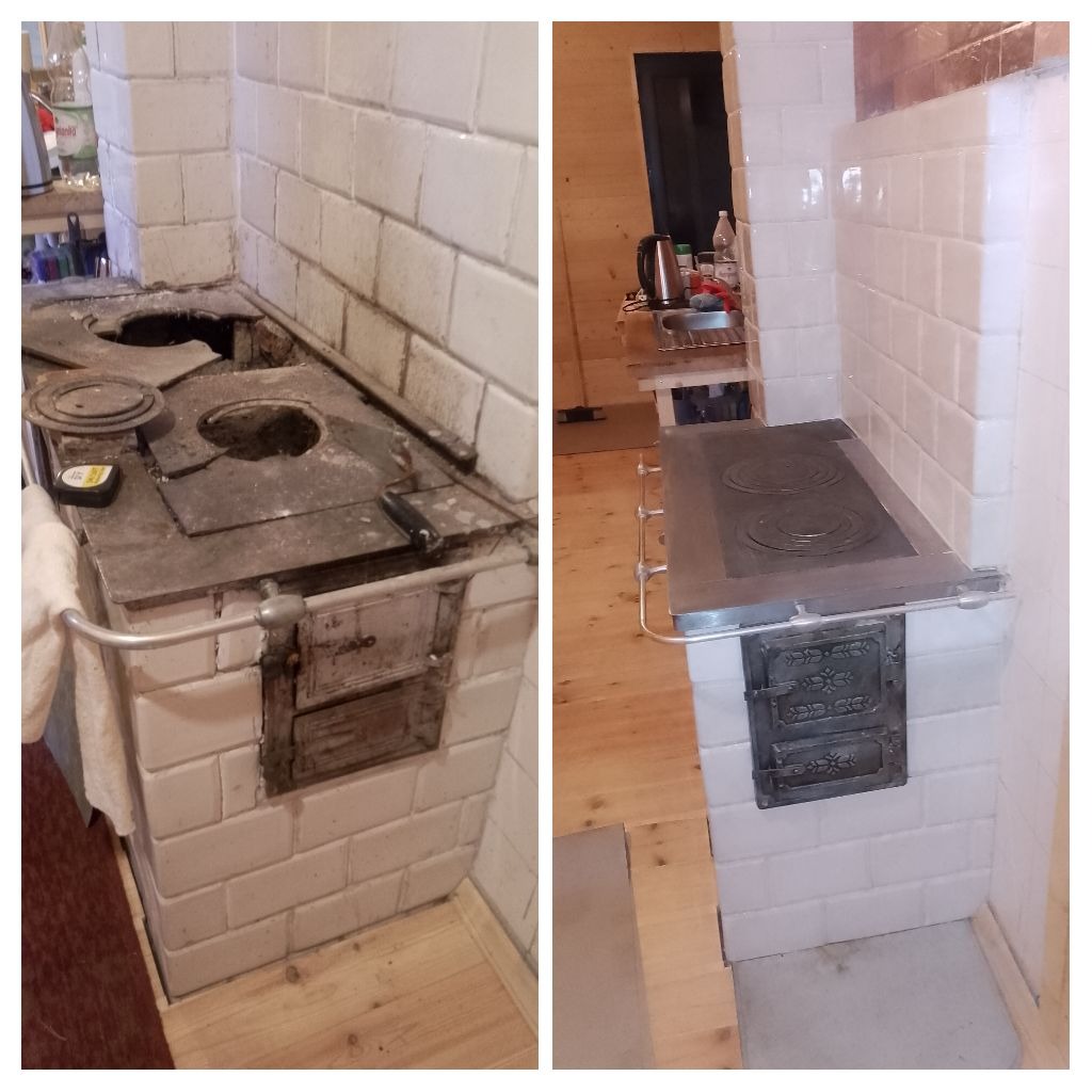 Zdjęcie typu 'przed i po' przedstawia remont pieca kaflowego. Po lewej stronie piec stary, brudny, po prawej odnowiony, z nowymi kaflami i blatem.