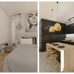 Kompozycja czterech wizualizacji: salon z ceglaną ścianą i złotą lampą, sypialnia z grafiką kobiety i geometryczną lampą, kuchnia z czarnymi szafkami i drewnianym blatem oraz kuchnia z białymi...