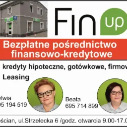 Reklama biura finansowego Fin Up w Kościanie, oferującego bezpłatne pośrednictwo finansowo-kredytowe, z portretami Sylwii i Beaty oraz numerami telefonów.