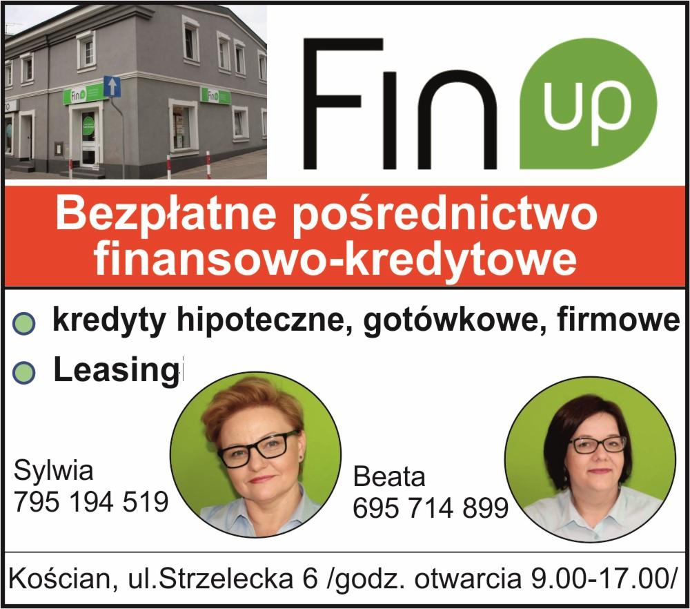 Reklama biura finansowego Fin Up w Kościanie, oferującego bezpłatne pośrednictwo finansowo-kredytowe, z portretami Sylwii i Beaty oraz numerami telefonów.