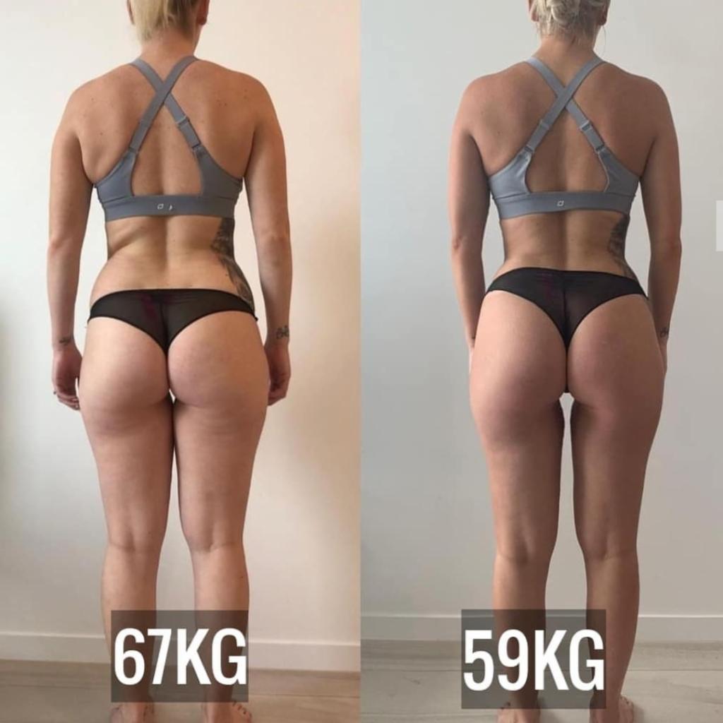 Kobieta w bieliźnie, widok z tyłu, prezentująca porównanie sylwetki przed i po utracie wagi, z zaznaczonymi wartościami 67kg i 59kg.