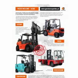 Kompilacja zdjęć różnych typów wózków widłowych marki Goodsense: gazowy, diesel, elektryczny i boczny, prezentowanych na tle tekstu reklamowego z hasłem 'Wózki widłowe - nowe' i informacją...