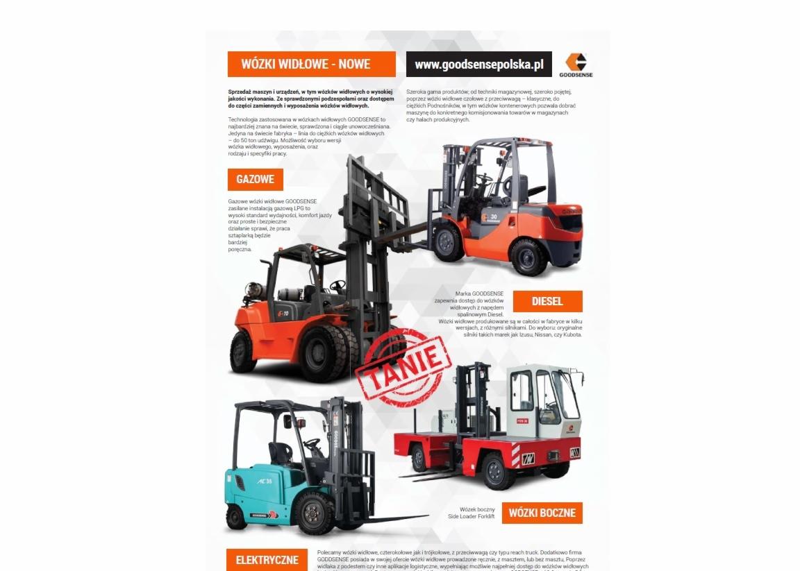 Kompilacja zdjęć różnych typów wózków widłowych marki Goodsense: gazowy, diesel, elektryczny i boczny, prezentowanych na tle tekstu reklamowego z hasłem 'Wózki widłowe - nowe' i informacją...