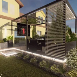 Wizualizacja tarasu z nowoczesną pergolą, oświetleniem LED w schodach i donicach, oraz telewizorem na zewnątrz, otoczonego zielenią i ogrodzeniem.