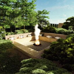 Kwadratowe miejsce na ognisko otoczone drewnianym podestem z siedziskami i poduszkami, w tle bujna roślinność i drzewa.