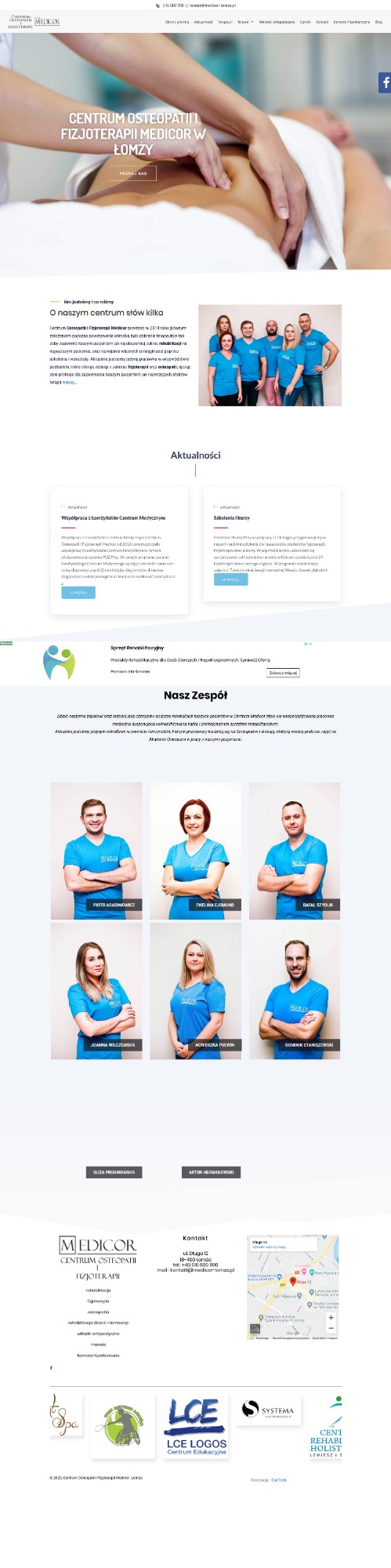 Strona internetowa centrum osteopatii i fizjoterapii Medicor w Łomży, z widocznymi sekcjami o zespole, aktualnościach i kontakcie.