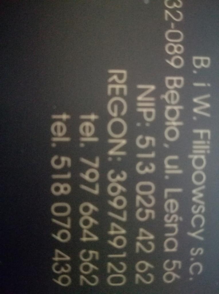 Dane teleadresowe firmy B. i W. Filipowscy s.c. z Bębła, ul. Leśna 56, zawierające NIP, REGON oraz numery telefonów.