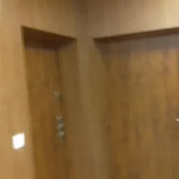 Dwa brązowe drzwi wewnętrzne obok siebie, widoczny gaśnica na ścianie po lewej stronie, słabe oświetlenie.