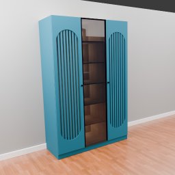 Sylwestri Usługi remontowo-budowlane - Błękitna szafa z przeszklonymi drzwiami i pionowymi zdobieniami, widok z boku, na tle ściany i podłogi w Gorzowie Wielkopolskim. Minimalistyczny design.