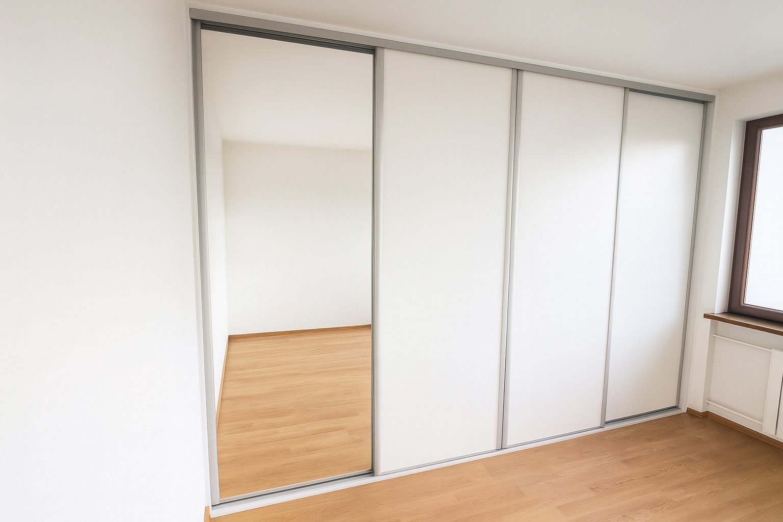 Biała szafa przesuwna z lustrzanymi drzwiami, widoczna część wnętrza pokoju z drewnianą podłogą. Minimalistyczny design, jasne wnętrze, nowoczesne rozwiązanie.