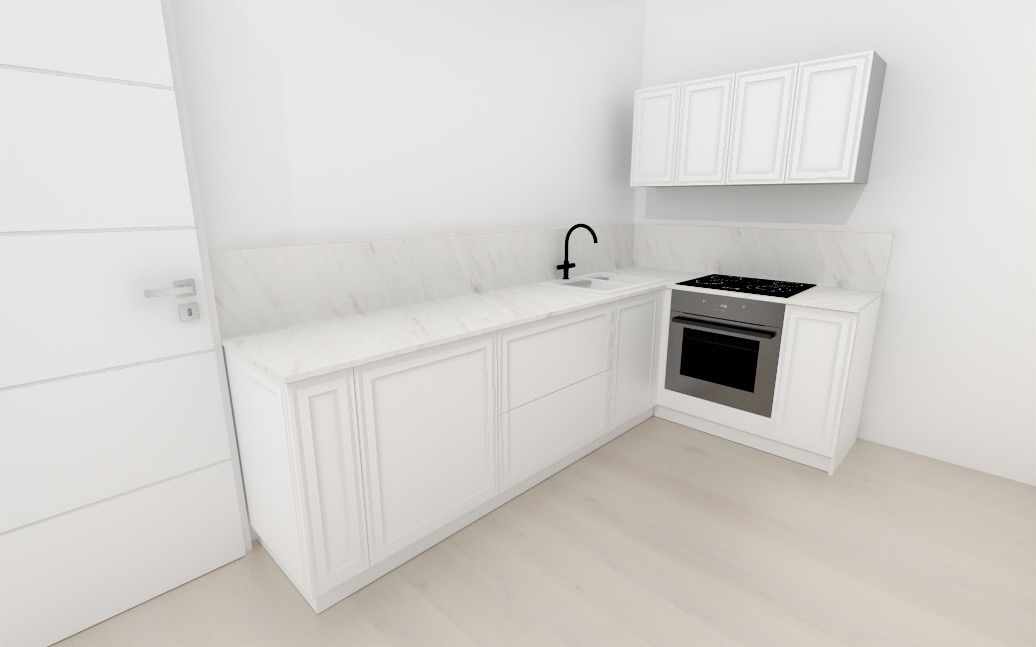 Jasna kuchnia z białymi, frezowanymi frontami szafek, marmurowym blatem i czarną armaturą. Widoczny piekarnik i płyta grzewcza. Minimalistyczny design.