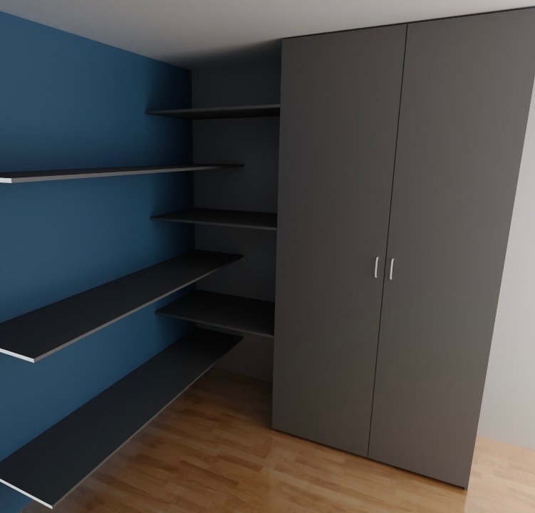 Szara szafa z półkami na wymiar, nowoczesny design. Realizacja w Gorzowie Wielkopolskim, widok na dwoje drzwi i otwarte półki na ścianie.