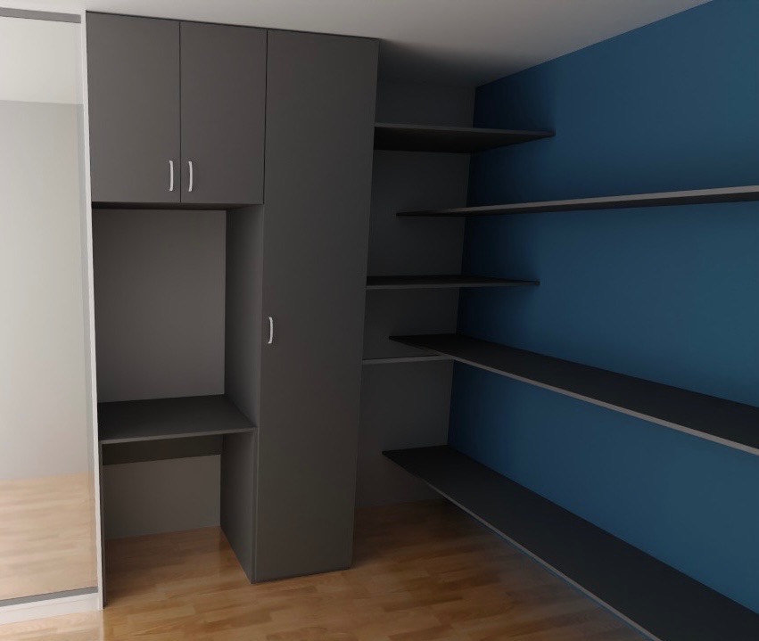 Szara szafa z biurkiem i półkami na niebieskiej ścianie. Nowoczesne rozwiązanie do przechowywania i pracy w pokoju.