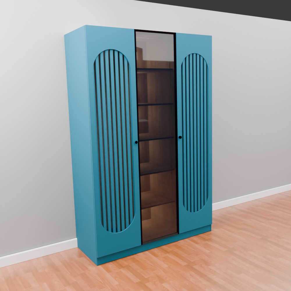 Błękitna szafa z przeszklonymi drzwiami i pionowymi zdobieniami, widok z boku, na tle ściany i podłogi w Gorzowie Wielkopolskim. Minimalistyczny design.