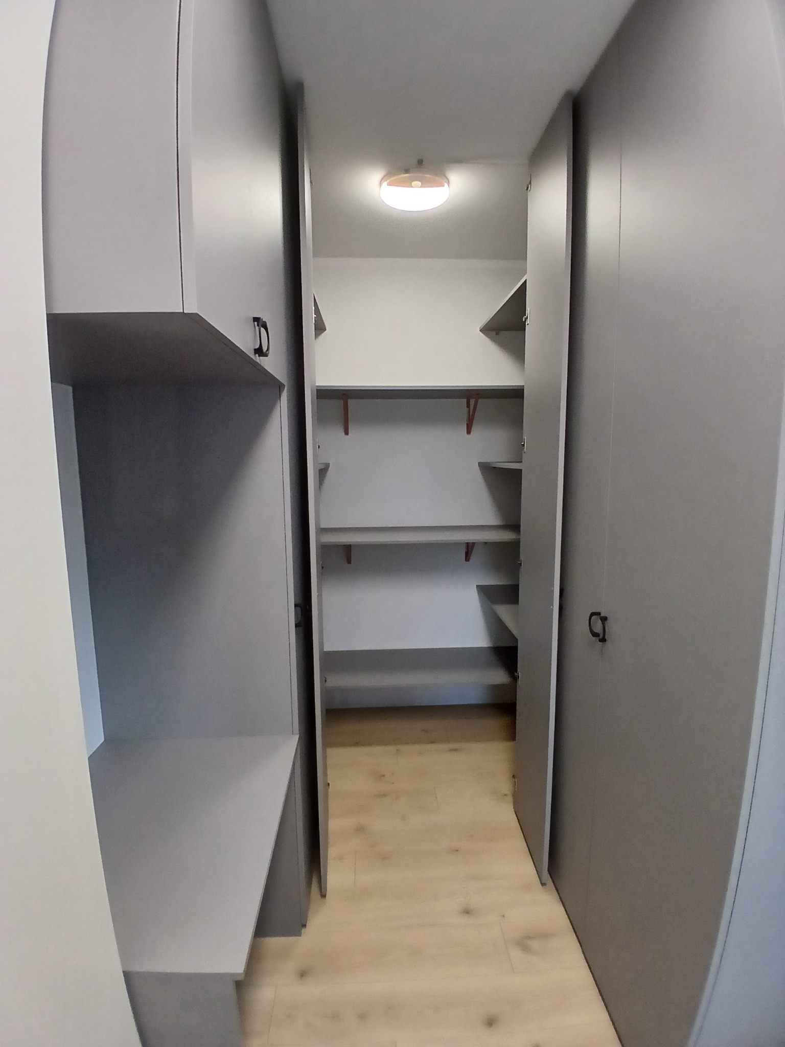 Wnętrze garderoby z szarymi szafkami, półkami i oświetleniem sufitowym. Widok z perspektywy wejścia, ukazujący minimalistyczny design i funkcjonalne rozwiązanie przechowywania.