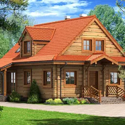 Gotowy, parterowy dom z bali z czerwonym dachem, widok z ogrodu, jasne drewno, małe okna, zadaszone wejście, schody z drewnianą balustradą.