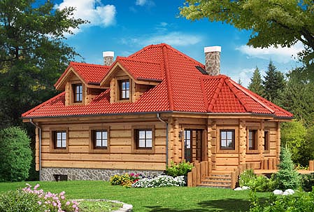 Gotowy dom z drewnianych bali z czerwonym dachem i kamienną podmurówką, otoczony zielonym trawnikiem i kwitnącymi kwiatami.