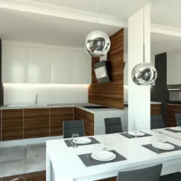 Wizualizacja nowoczesnej kuchni z jadalnią: białe szafki, drewniane fronty, okrągłe lampy wiszące, biały stół z szarymi podkładkami i krzesłami, minimalistyczny design.