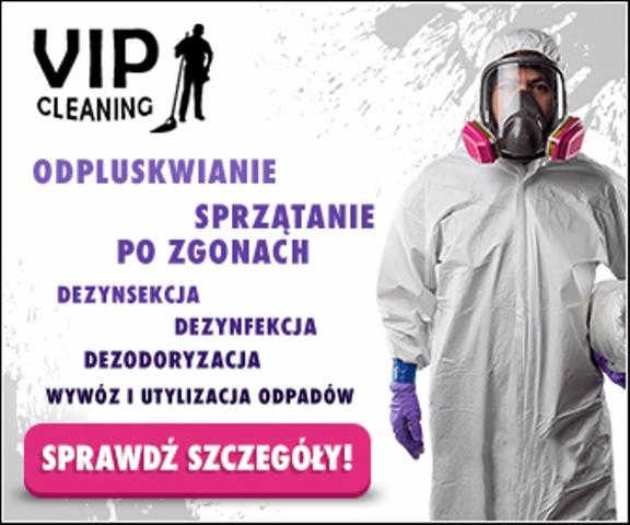 Grafika reklamowa firmy VIP Cleaning oferującej usługi odpluskwiania, sprzątania po zgonach, dezynsekcji, dezynfekcji, dezodoryzacji oraz wywozu i utylizacji odpadów, z pracownikiem w kombinezonie...
