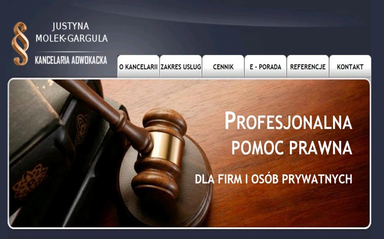 Strona internetowa kancelarii adwokackiej Justyna Molek-Gargula z informacją o profesjonalnej pomocy prawnej dla firm i osób prywatnych, widoczne książki i młotek sędziowski.