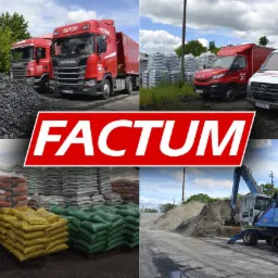 Kompozycja zdjęć z Bydgoszczy: ciężarówki Scania z węglem, dostawcze Iveco i Mercedes z workami, palety z ekogroszkiem w kolorowych workach oraz koparka przy hałdzie żwiru, całość z logo firmy...