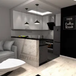 Wizualizacja nowoczesnego salonu z aneksem kuchennym utrzymana w szaro-białej kolorystyce, z ceglaną ścianką oddzielającą część kuchenną, minimalistycznym oświetleniem i dekoracyjnym zegarem...