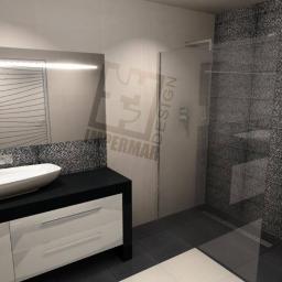 ImperMar Design - Wizualizacja nowoczesnej łazienki z kabiną prysznicową typu walk-in, umywalką nablatową w kształcie łodzi i szafką z czarnym blatem oraz mozaiką na ścianie.