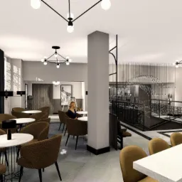 Wizualizacja wnętrza kawiarni lub restauracji z ciemnymi fotelami, białymi stolikami, nowoczesnymi lampami sufitowymi i czarno-białym obrazem na ścianie.