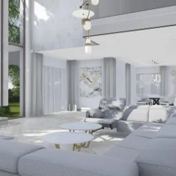 Wizualizacja przestronnego salonu z kominkiem, szarym narożnikiem, okrągłymi stolikami kawowymi z marmurowymi blatami i widokiem na zieleń za oknem.