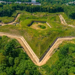 Widok z lotu ptaka na starą fortecę w kształcie gwiazdy, otoczoną zielenią, w Nysie.