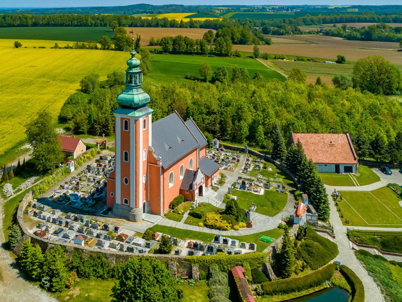 Panorama z lotu ptaka na pomarańczowy kościół z zieloną wieżą i cmentarzem, otoczony zielonymi polami i lasami w słoneczny dzień.