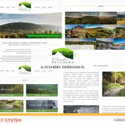 Zrzut ekranu strony internetowej Willa Aleksander Panorama Świerad&oacute;w-Zdr&oacute;j prezentujący ofertę nocleg&oacute;w i atrakcji turystycznych, w tym widoki, trasy rowerowe i pakiety pobytowe.