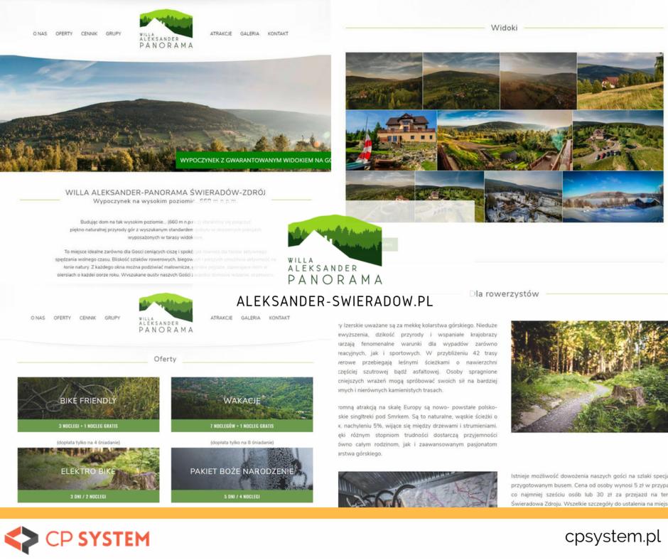 Zrzut ekranu strony internetowej Willa Aleksander Panorama Świeradów-Zdrój prezentujący ofertę noclegów i atrakcji turystycznych, w tym widoki, trasy rowerowe i pakiety pobytowe.